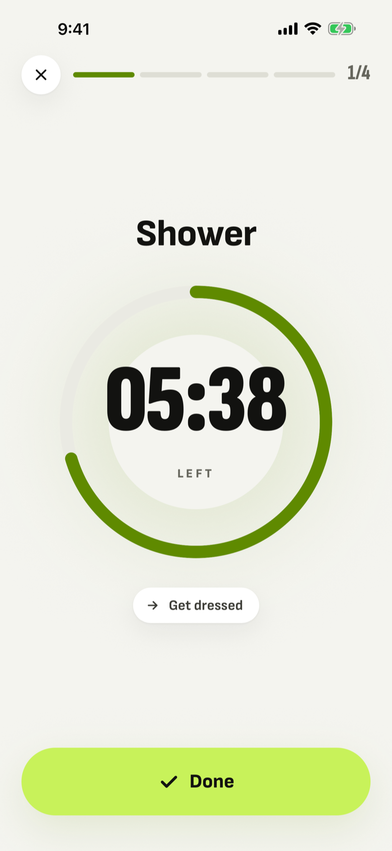 A run in progress in Pace, with a countdown ring showing 5:38 left on the Shower step.