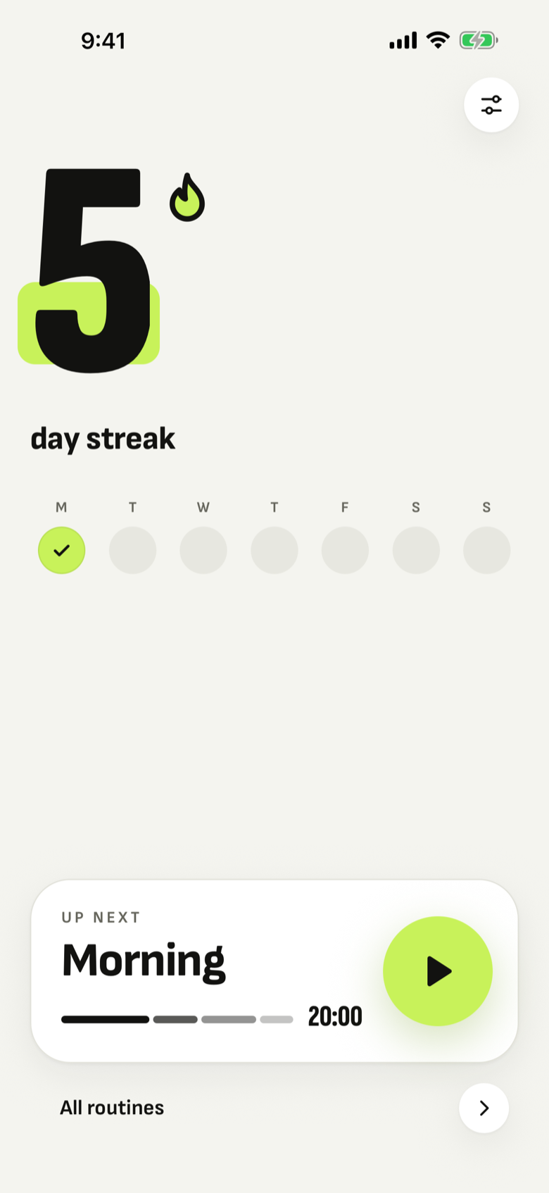 The Pace home screen showing a five-day streak, a strip of the last seven days, and the Morning routine ready to start.